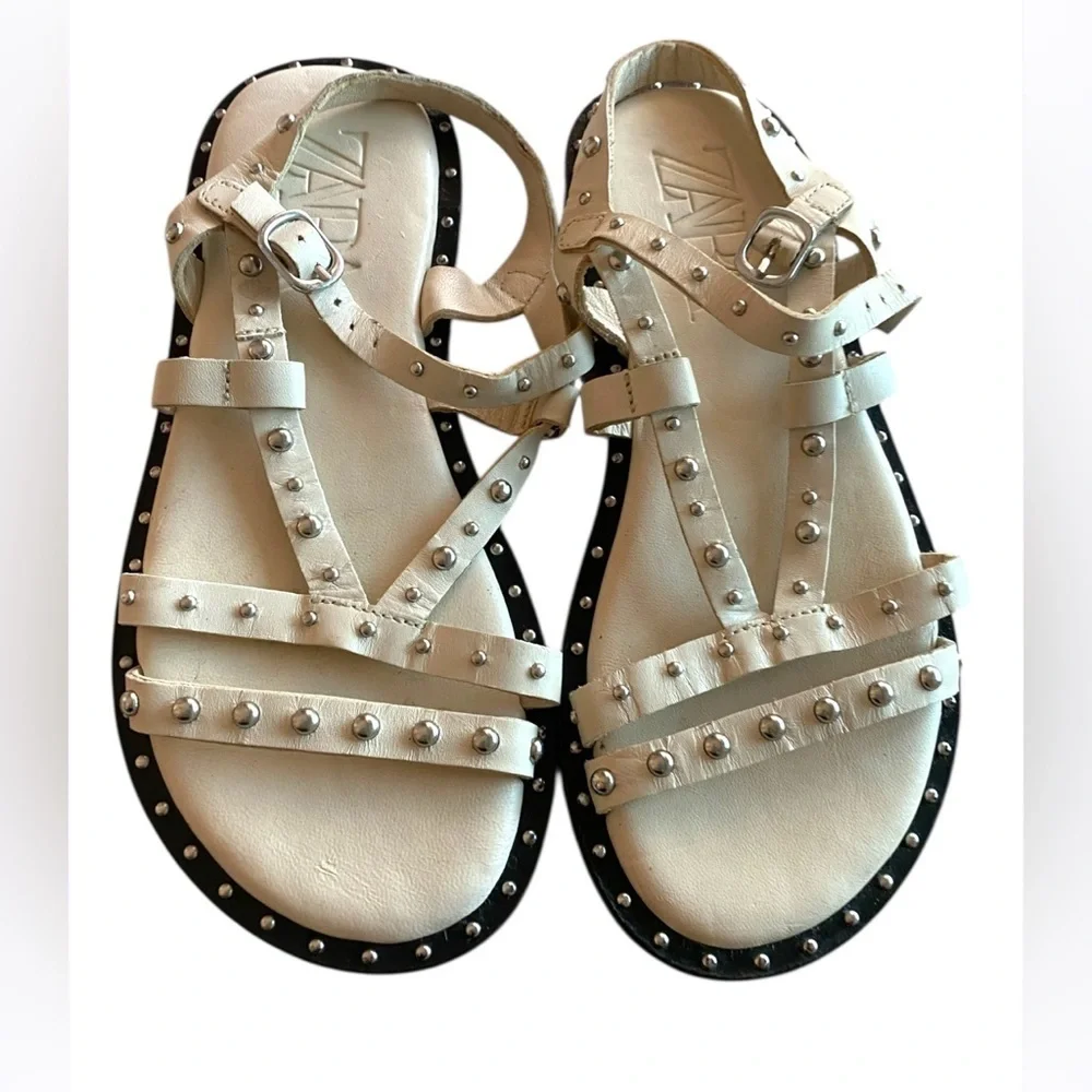 Zara Cream white leather summer Kids White Studded Sandals EU 30 (US 12) - Picture 3 of 5